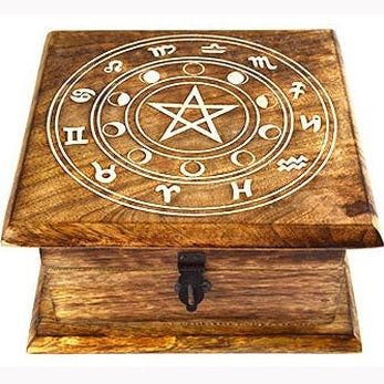 Caja de madera con las fases lunares del zodíaco de 7" x 7" x 3 1/2"